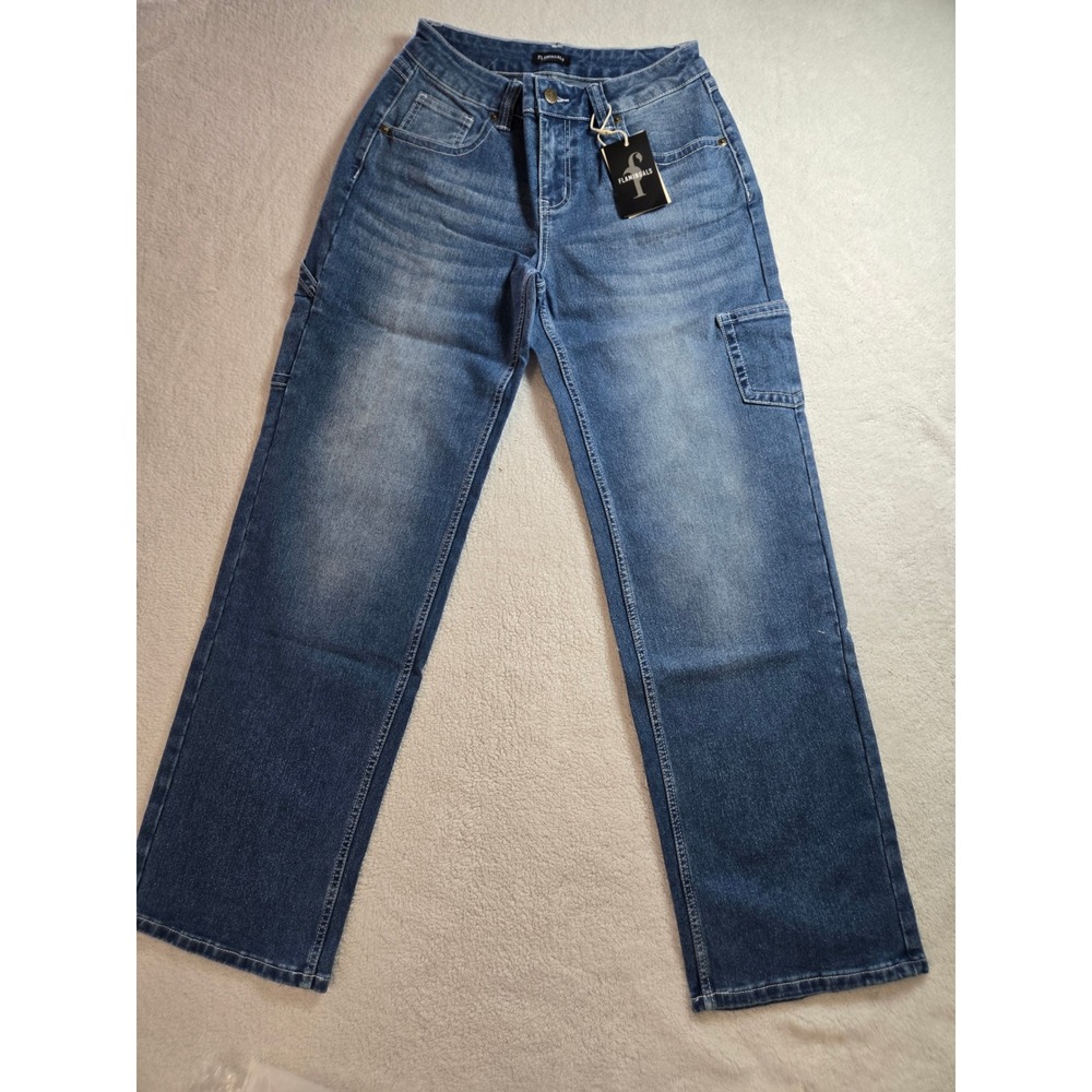 Flamingals Womens High Rise Cargo Straight Leg Jeans Medium Wash Blue Size S NEW